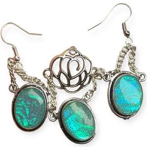 Handmade Blue Triplet Opal Dangle Basket Lotus Pendant Fairy Core Earring Set - Picture 1 of 13