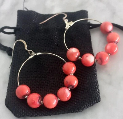 ORECCHINI ARGENTO 925 E CORALLO ROSA HOOP EARRINGS STERLING silver & pink coral - Immagine 1 di 4