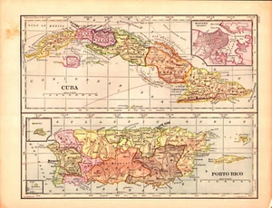 "CUBA, PUERTO RICO" WEST INDIES Antique original map 1901 - Picture 1 of 1