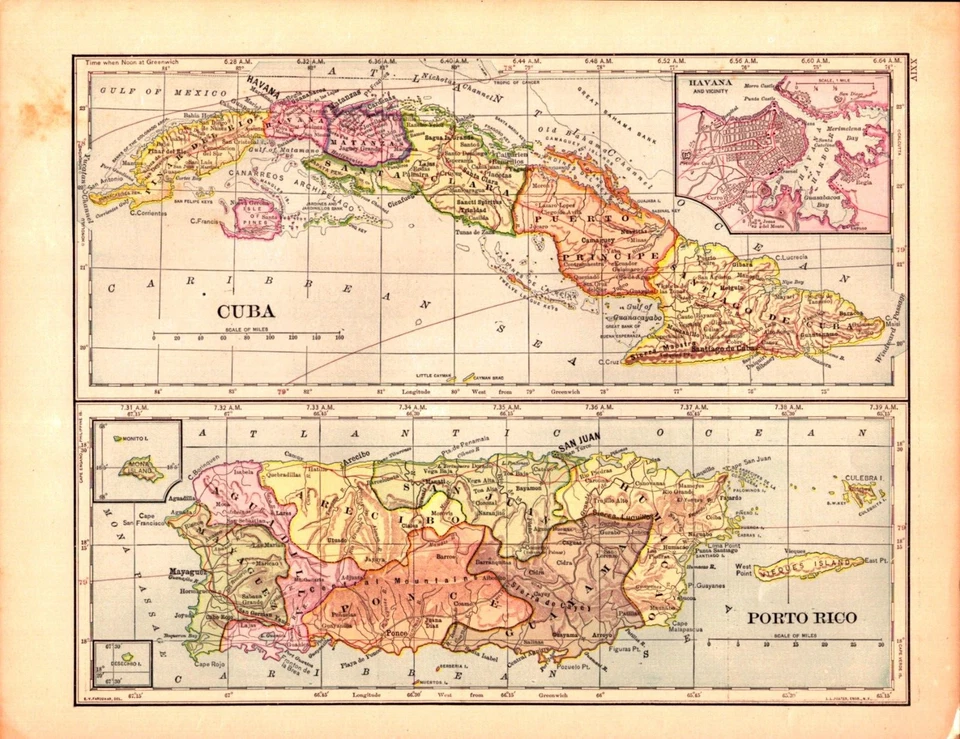 "CUBA, PUERTO RICO" WEST INDIES Antique original map 1901 - Image 1 of 1