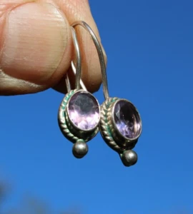 Vintage Sterling Silver Amethyst Oval Faceted Dangle Earrings - Picture 1 of 11