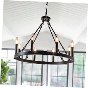 23.6" Black Wagon Wheel Chandelier - 8 Light Candle Style Farmhouse Pendant - Picture 1 of 7