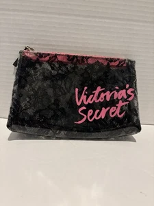 Victoria's Secret Wipeable Cosmetics Zippered Bag Clear W/ Black Lace Design - Picture 1 of 4