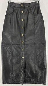Vintage Black Leather Pencil Skirt Long Button Up Midi Pockets Women 8 Old Money - Picture 1 of 12
