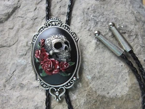 Hand Painted  Skull and Roses Cameo Bolo - Tie - Necklace - Choker - Red, Green - Picture 1 of 2