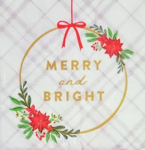 TWO Individual Paper Cocktail Decoupage Napkins- 2218 Merry & Bright Xmas Wreath - Picture 1 of 2