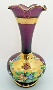 Amethyst Fluted Hand Painted Flowers Glass Bud Vase Japan Purple with Gold - Picture 1 of 7