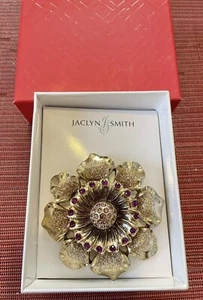 Vintage JACLYN SMITH Gold & Purple Gems Flower Brooch Pin Rhinestone New - Foto 1 di 1