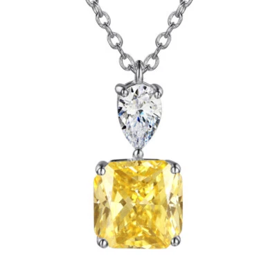 New Women Girls Summer Party Jewelry Square Yellow Citrine Gems Silver Necklaces - Image 1 of 4