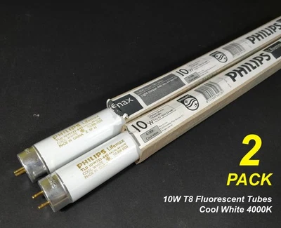 2 x 10W T8 Fluorescent Light Tubes Lamps 4000K Cool White 10W/33-640 Philips - Image 1 of 2
