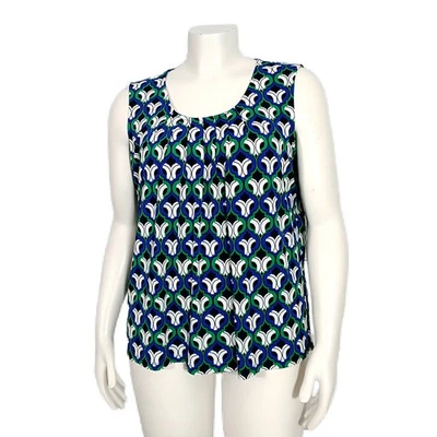 Blusa Kasper Top XL Sin Mangas Azul Verde Blanco Cortina Cuello Elastizada Carrera Foto 1 de 4