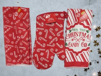 Juego de 3 toallas de cocina (2 toallas de cocina 1 guante de horno) caramelo de Navidad Polo Norte Foto 1 de 4
