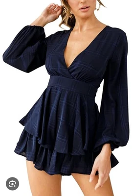 Navy Blue Long Sleeve Romper Shorts Deep V Neck Women's Large Zipper - image 1 of 4