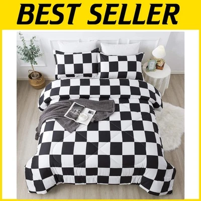 Queen Checkered Comforter Set - Black White Plaid Bedding for Stylish Teens - Image 1 of 4
