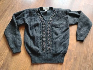 Size S, Black Embroidered Petite Illustrations Lambs wool Pullover, Vintage - Picture 1 of 9