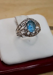 Vintage Artisan Made Aquamarine / Sterling Silver Filigree Ring Sz. 6