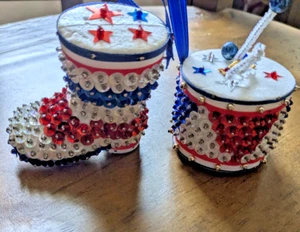 4th Of July Americana Sequin Boot & Drum Ornament Handmade Red White Blue - Picture 1 of 8