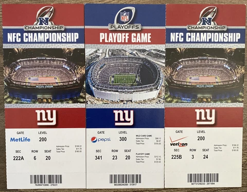 3 NEW YORK GIANTS 2011 NFC CHAMPIONSHIP & PLAYOFF GAMES USED TICKETS STUBS LOT Cover