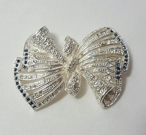 Napier Brooch - Ribbon Bow - Silver Blue White Stone Pin - Picture 1 of 2
