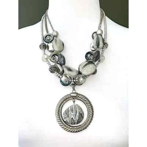 Chico's Silver Multistrand Beaded Gray Stone Pendant Statement Necklace EUC - Picture 1 of 5