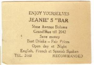 c1950 Port-Au-Prince Bolosse Haiti Jeanie's Bar business card - Picture 1 of 1