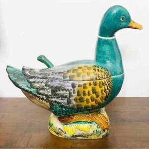 Vintage Hand Painted Duck Shaped Soup Tureen Ladle Italy - Picture 1 of 12