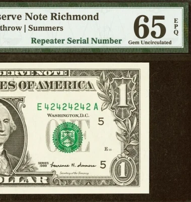 1999 $1 Federal Reserve Note PMG 65EPQ birthday super Repeater serial 42424242 - Image 1 of 3