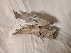 Vintage wood carved, painted fish w/minnows on driftwood stand, Primitive