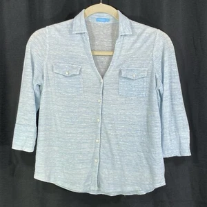 J McLAUGHLIN Blue White Slub Button Front Blouse Chest Pockets Linen Blend M - Picture 1 of 14