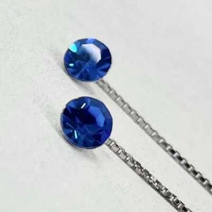 Sterling Silver Sapphire Blue Glass Round Cut Crystal Pull Through Drop Earrings - Picture 1 of 3