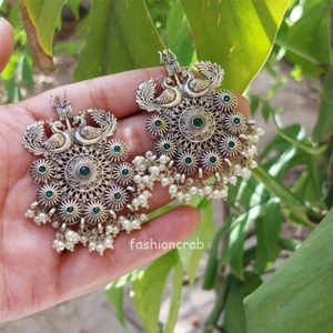 Indian Bollywood Style Trishul Oxidised Earrings - Green - Picture 1 of 3