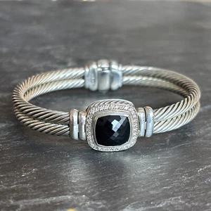 David Yurman Albion Bracelet Black Onyx Diamond Hinge Bangle Sterling Silver 6.5 - Picture 1 of 13