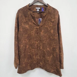 Liz & Me Catherines Womens Suede Button Up Top Size 4XW Petite Brown Western - Picture 1 of 10