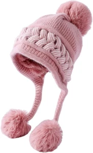 Womens Winter Warm Beanie Knit Fur Lining Ear Flaps Cozy Cap Pompom Hat - Picture 1 of 5