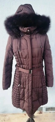 1 MADISON LUXE OUTERWEAR 3/4 Length Belted Down Puffer Hooded Fox Fur Trim L  - Image 1 of 4