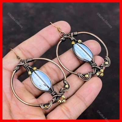 Womens day Deal Owyhee Blue Opal Stone Copper Drop Hook Wire Wrapped Earrings - Image 1 of 4