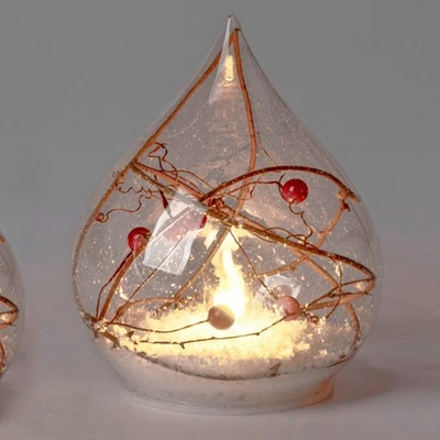 LED Tischlampe Tropfen FLAMME mit Beeren und Schnee H. 15cm Glas Formano W25 - Bild 1 von 2