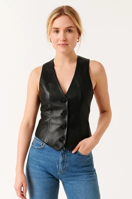 Women's Handmade Leather Vest, Sleeveless, Deep V Neck, Black waistcoat - Image 1 of 4