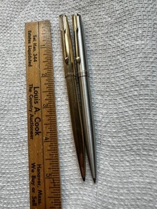 2 Vintage Parker T-Ball Jotter Ballpoint Pens Silver Chrome & Gold Black Finial - Picture 1 of 11