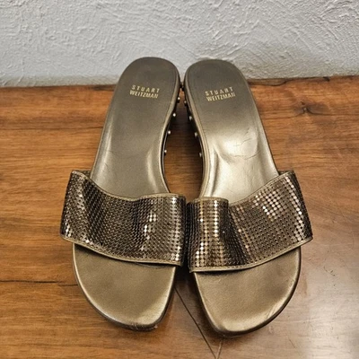 Sandalias STUART WEITZMAN Cota de malla Talla 6.5-7?M Metal Tachonado Tacón Marrón Foto 1 de 4