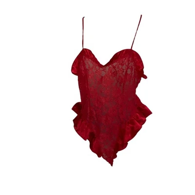 维多利亚的秘密红色花边泰迪褶皱缎面意大利面肩带金色标签复古 — 第 1/4 张图片