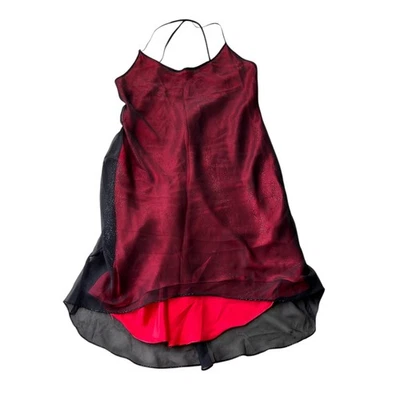 True vintage slip dress red satin black mesh overlay silver babydoll  sz M - Image 1 of 4