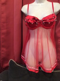 Rare Victoria Secret Sexy Little Things Red Satin Mesh Bell Babydoll Size 34C