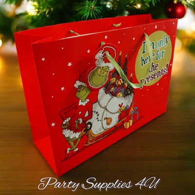 TJ MORRIS The Grinch Xmas Gift Bag & Tag/Secret Santa/Kids/Party/Girls/Boys/Present/37cm