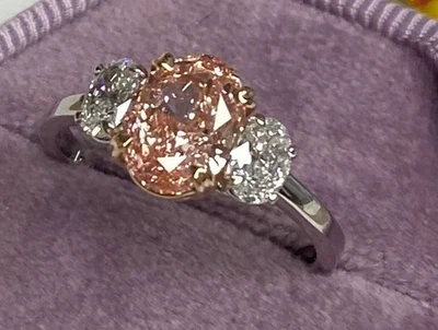 2.34Ct Oval Lab Grown Fancy Vivid Diamond Three Stone Engagement Ring 14K Gold - Image 1 of 4