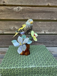 Vintage Cloisonne Blue Tanger Bird Figurine Wood Stand Stone Leaves Smithsonian - Picture 1 of 7