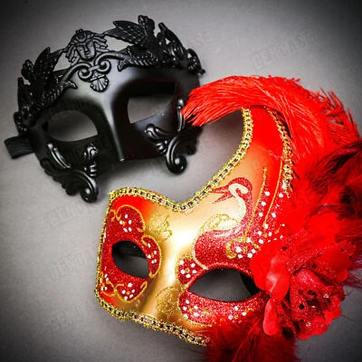 Venetian Black Warrior Half-Face w/ Gold RED Side Feather Men Women Couple Mask - Image 1 of 4