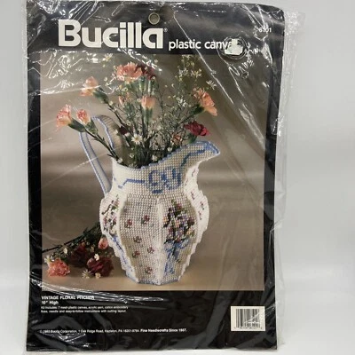 New Vintage 1993 Bucilla Plastic Canvas Kit Vintage Floral Pitcher 10" High - Image 1 of 4