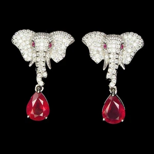 Simulated 5.58TCW Red Ruby & White Sapphire Elephant Face Women Silver Earrings - Picture 1 of 6