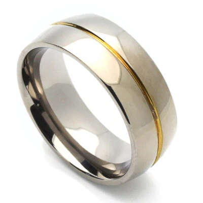 Men Women 8MM Comfort Fit Titanium Wedding Band Gold Plated Groove Domed Ring - Image 1 of 2